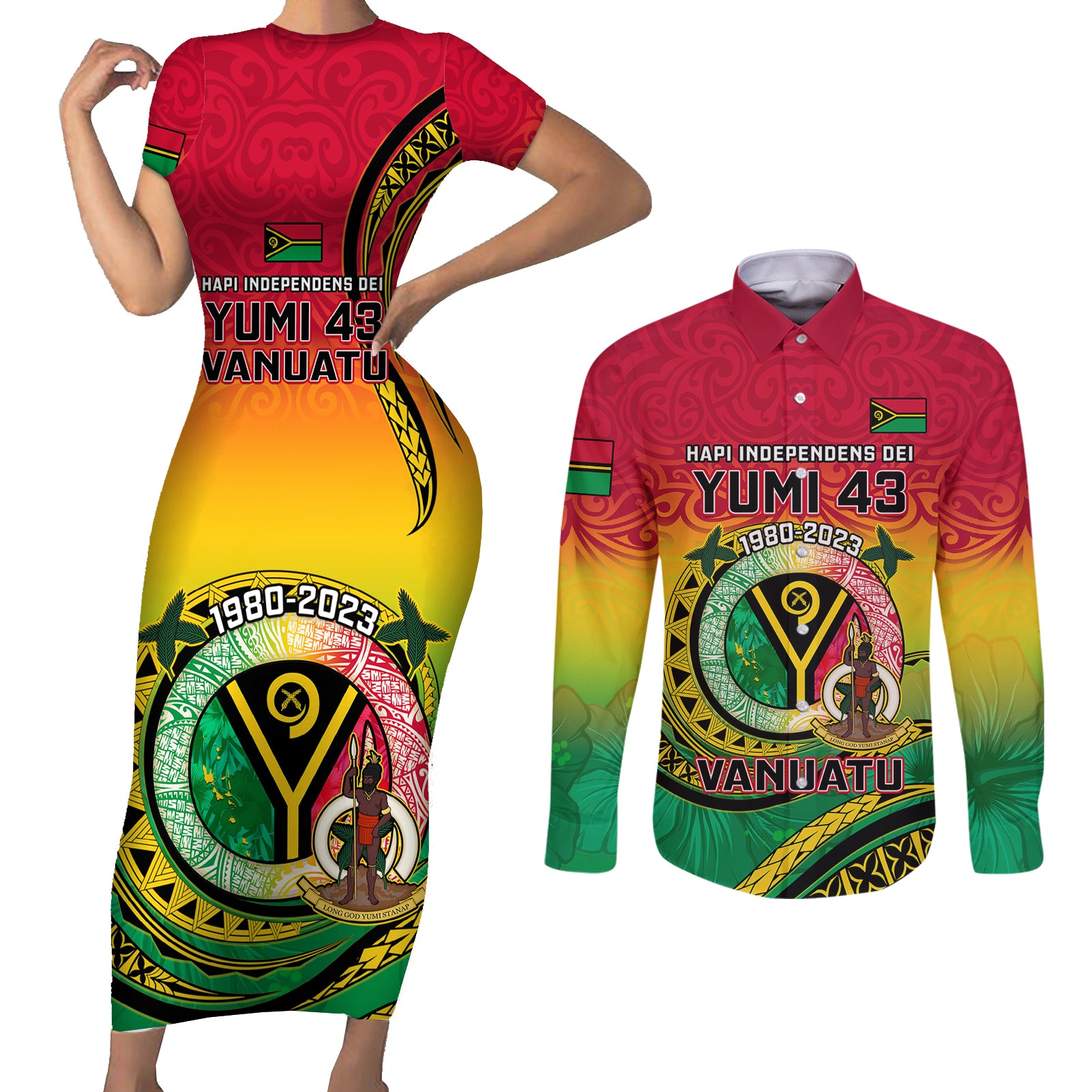 Vanuatu Couples Matching Short Sleeve Bodycon Dress and Long Sleeve Button Shirts Yumi 43 Hapi Independens Dei - Wonder Print Shop