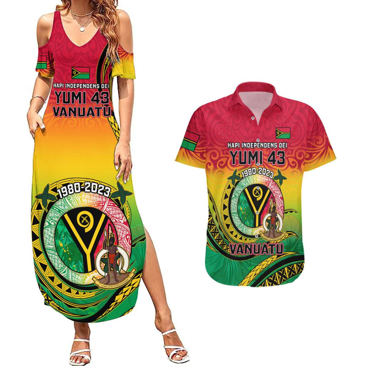 Vanuatu Couples Matching Summer Maxi Dress and Hawaiian Shirt Yumi 43 Hapi Independens Dei - Wonder Print Shop