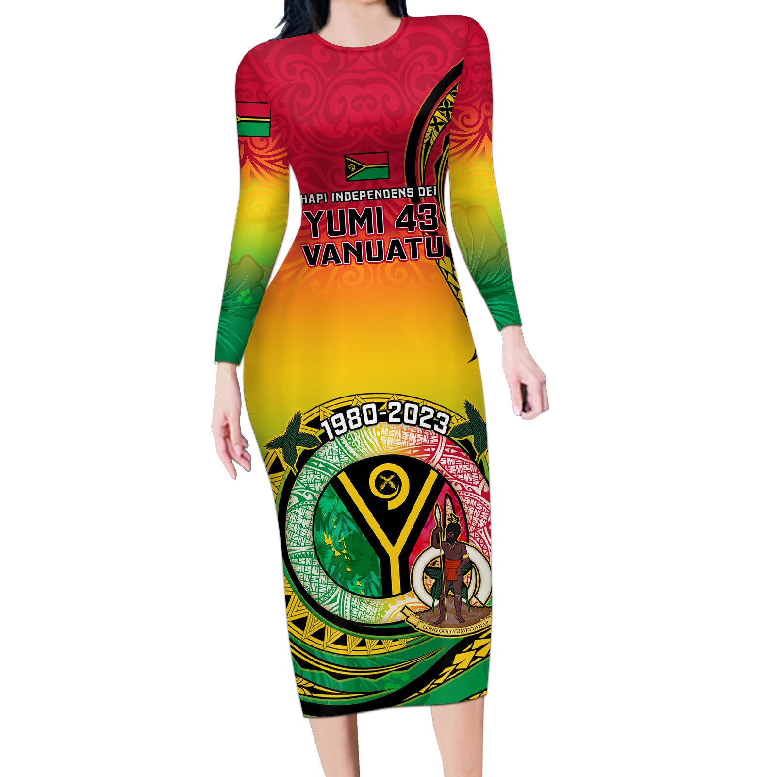 Vanuatu Long Sleeve Bodycon Dress Yumi 43 Hapi Independens Dei - Wonder Print Shop