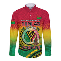 Long sleeve button shirt, red-to-green gradient with front Vanuatu graphic.