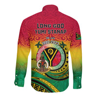 Long sleeve button shirt, back print with Long God Yumi Stanap and Vanuatu graphic.