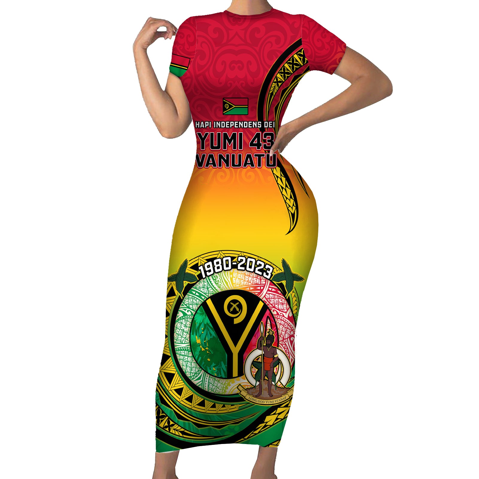 Vanuatu Short Sleeve Bodycon Dress Yumi 43 Hapi Independens Dei - Wonder Print Shop