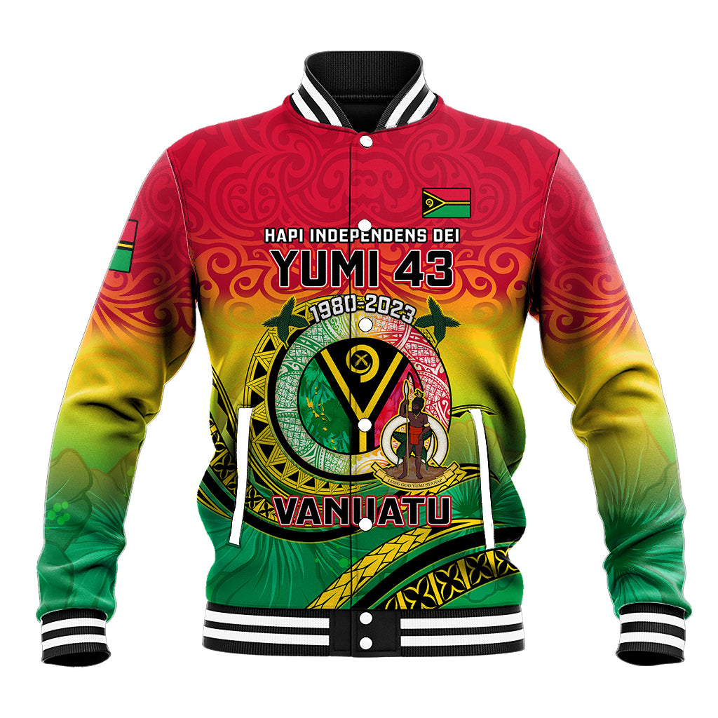 Multicolor Vanuatu baseball jacket with striped rib collar, button front, and front graphic