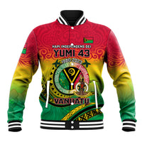 Multicolor Vanuatu baseball jacket with striped rib collar, button front, and front graphic