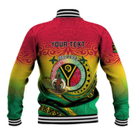 Multicolor Vanuatu baseball jacket back with striped rib trim and large emblem with YOUR TEXT
