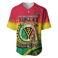 Red, yellow & green baseball jersey with Vanuatu graphic and Hapi Independens Dei