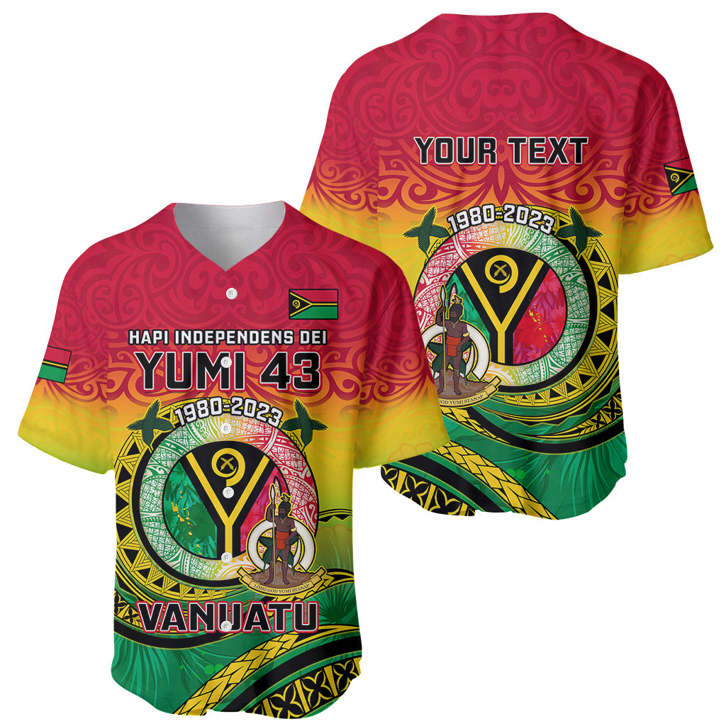 Red, yellow & green baseball jersey with Vanuatu graphic, Yumi 43 and custom text