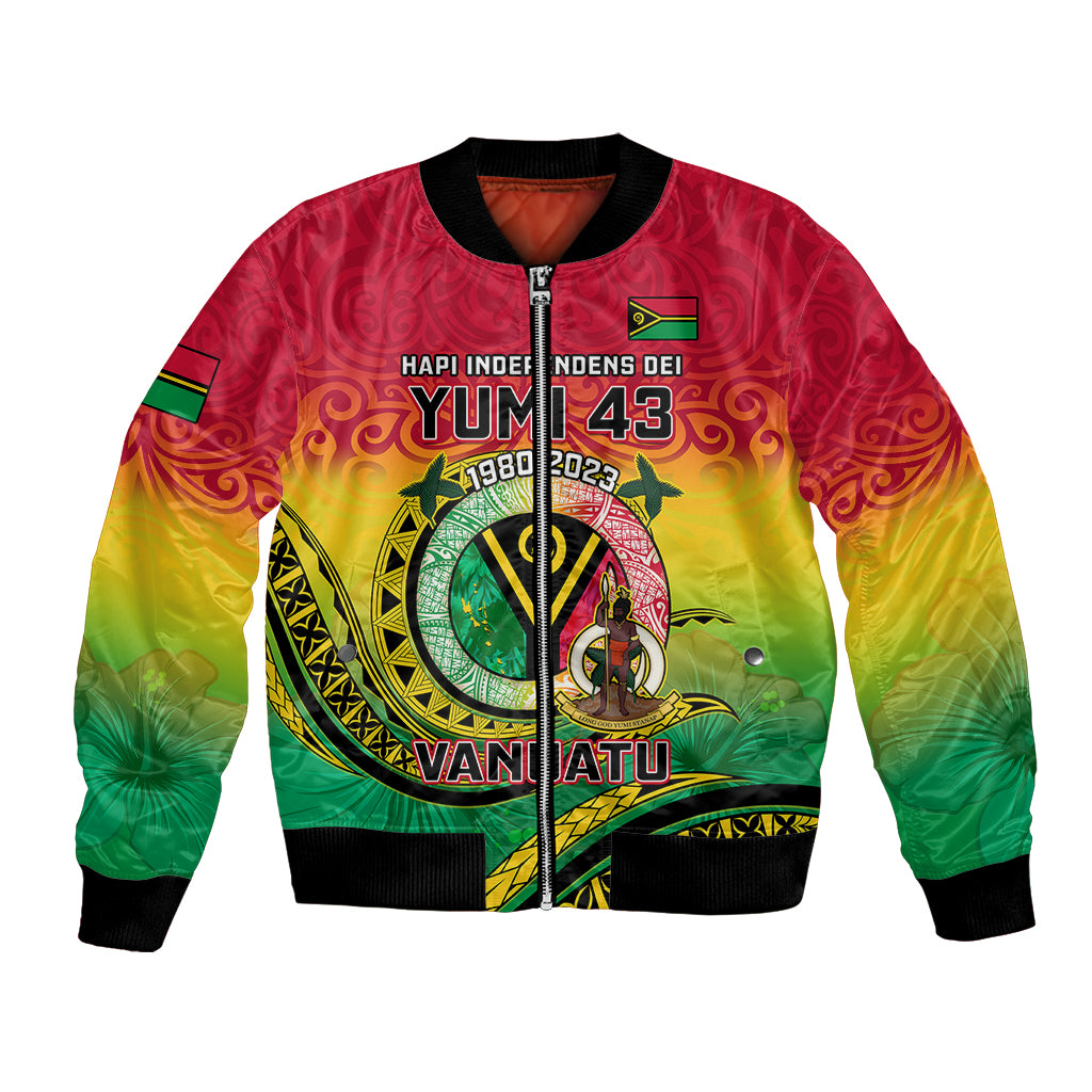 Unisex bomber jacket with bold island emblem front graphic, black ribbed cuffs.
