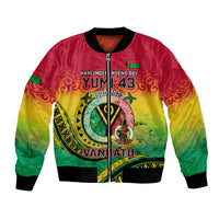 Unisex bomber jacket with bold island emblem front graphic, black ribbed cuffs.