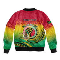 Unisex bomber jacket with bold island emblem back graphic, black ribbed collar cuffs.