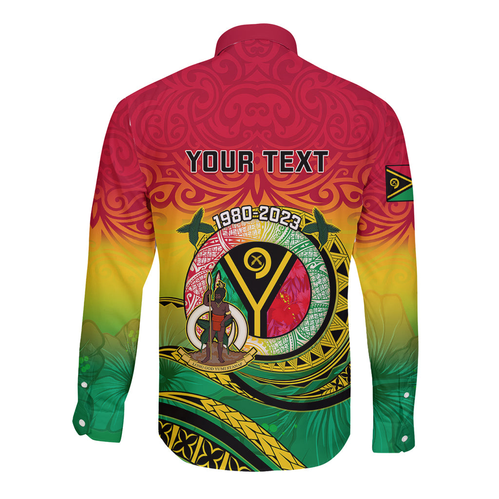 Long sleeve button shirt with rear crest and “YOUR TEXT”, red-green-yellow gradient pattern