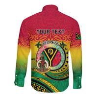 Long sleeve button shirt with rear crest and “YOUR TEXT”, red-green-yellow gradient pattern