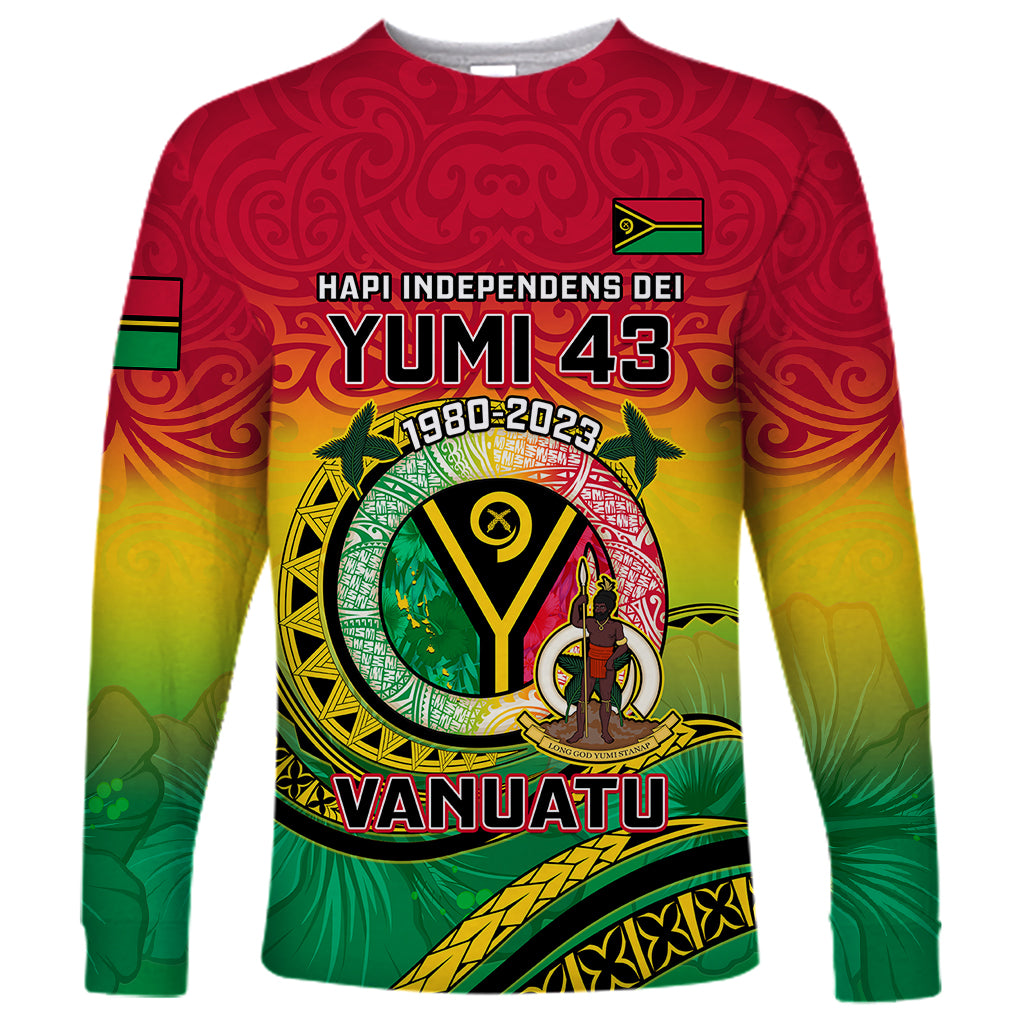 Unisex long-sleeve graphic shirt in red, yellow, and green; HAPI INDEPENDENS DEI, YUMI 43