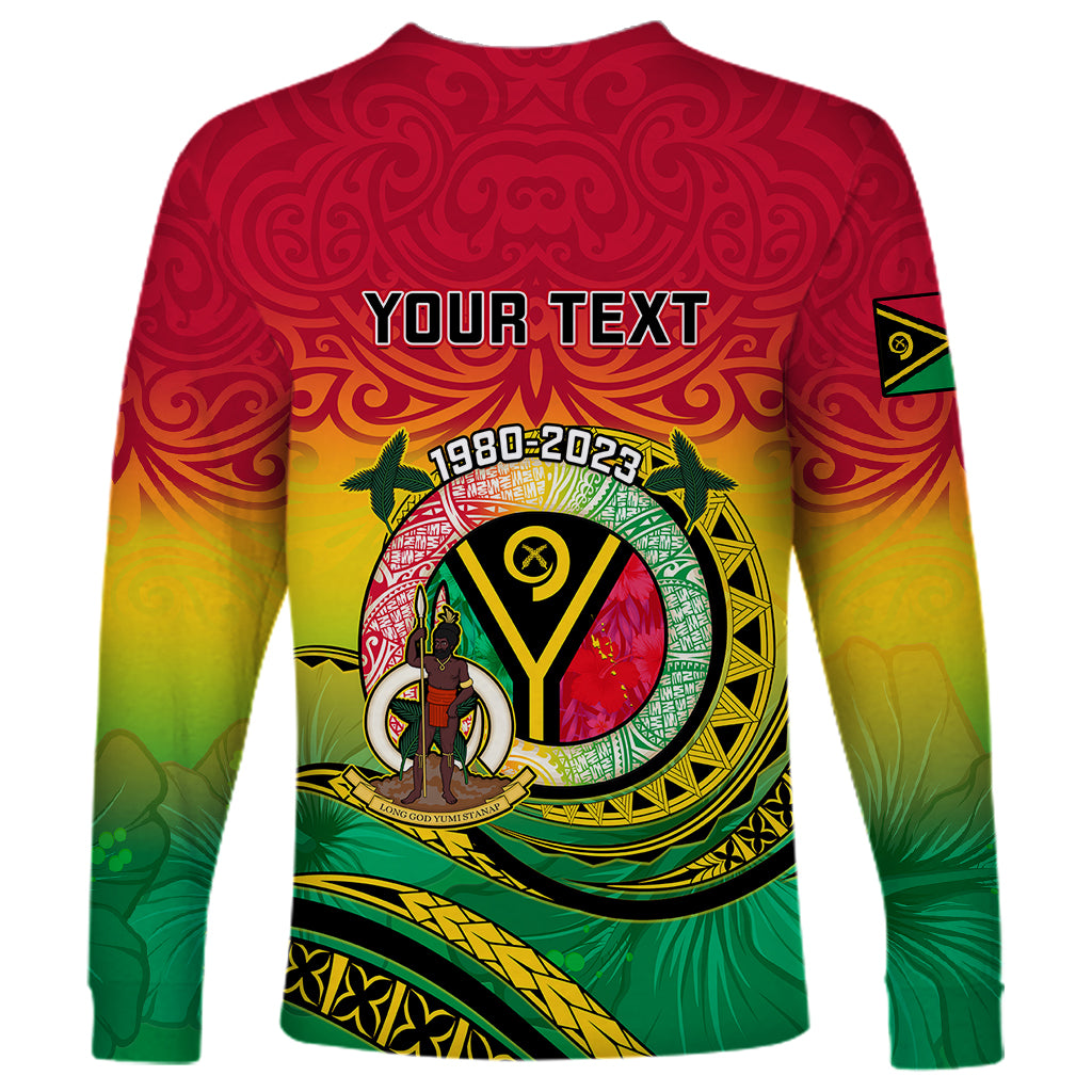 Unisex long-sleeve graphic shirt in red, yellow, and green; YOUR TEXT over Vanuatu emblem