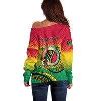 Off-shoulder long-sleeve sweater back with "YOUR TEXT" graphic and reggae gradient