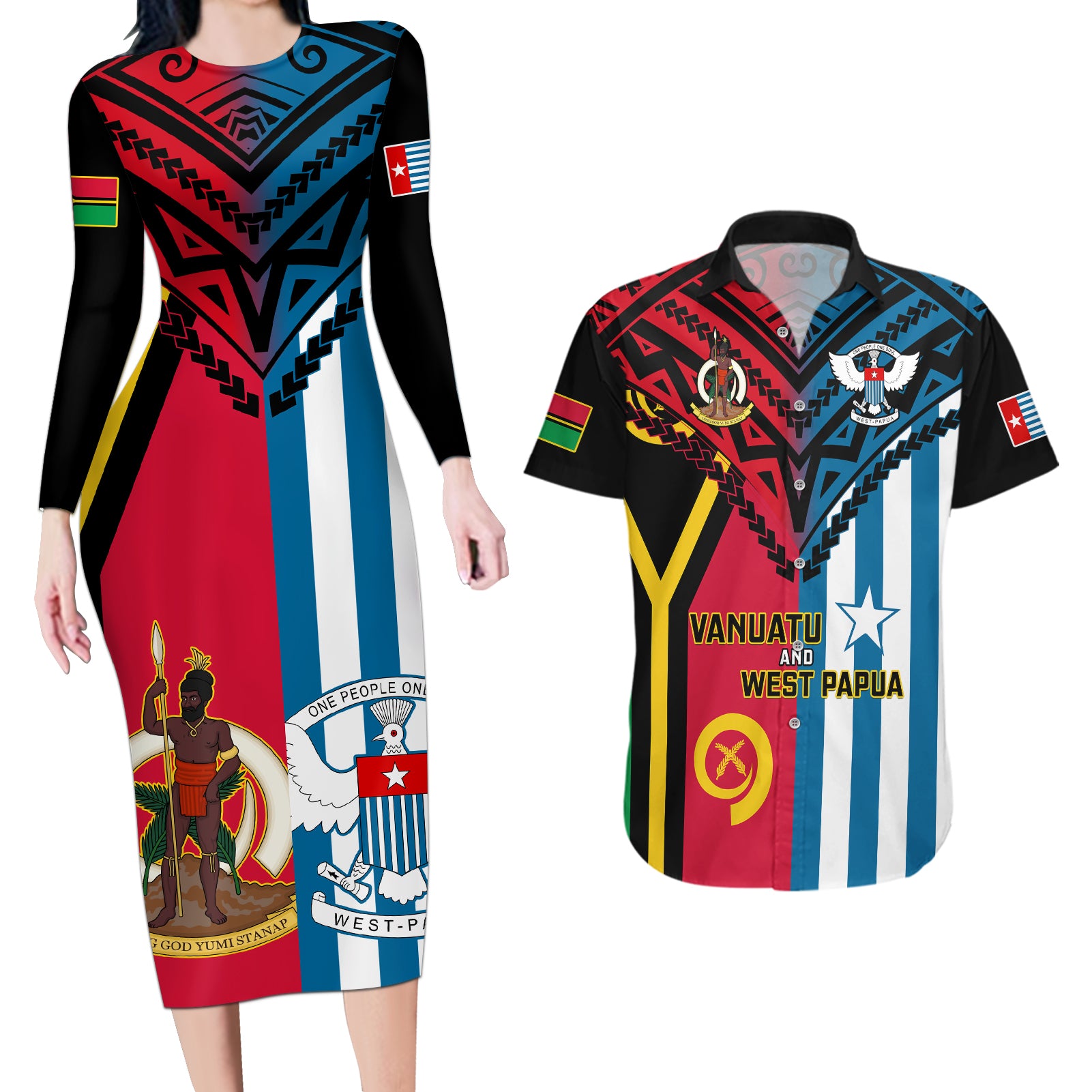 Vanuatu And West Papua Couples Matching Long Sleeve Bodycon Dress and Hawaiian Shirt Coat Of Arms Mix Flag Style - Wonder Print Shop