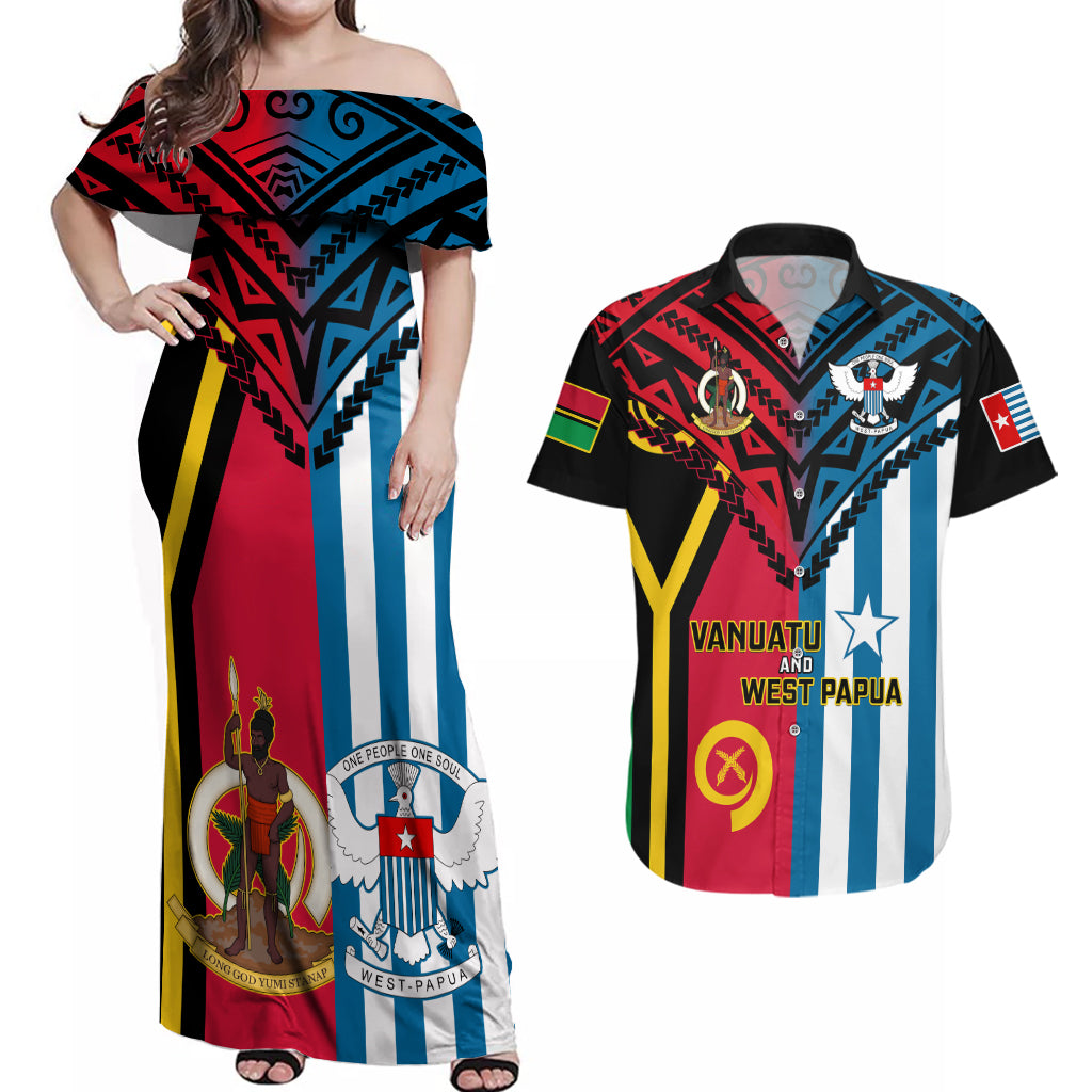 Vanuatu And West Papua Couples Matching Off Shoulder Maxi Dress and Hawaiian Shirt Coat Of Arms Mix Flag Style - Wonder Print Shop