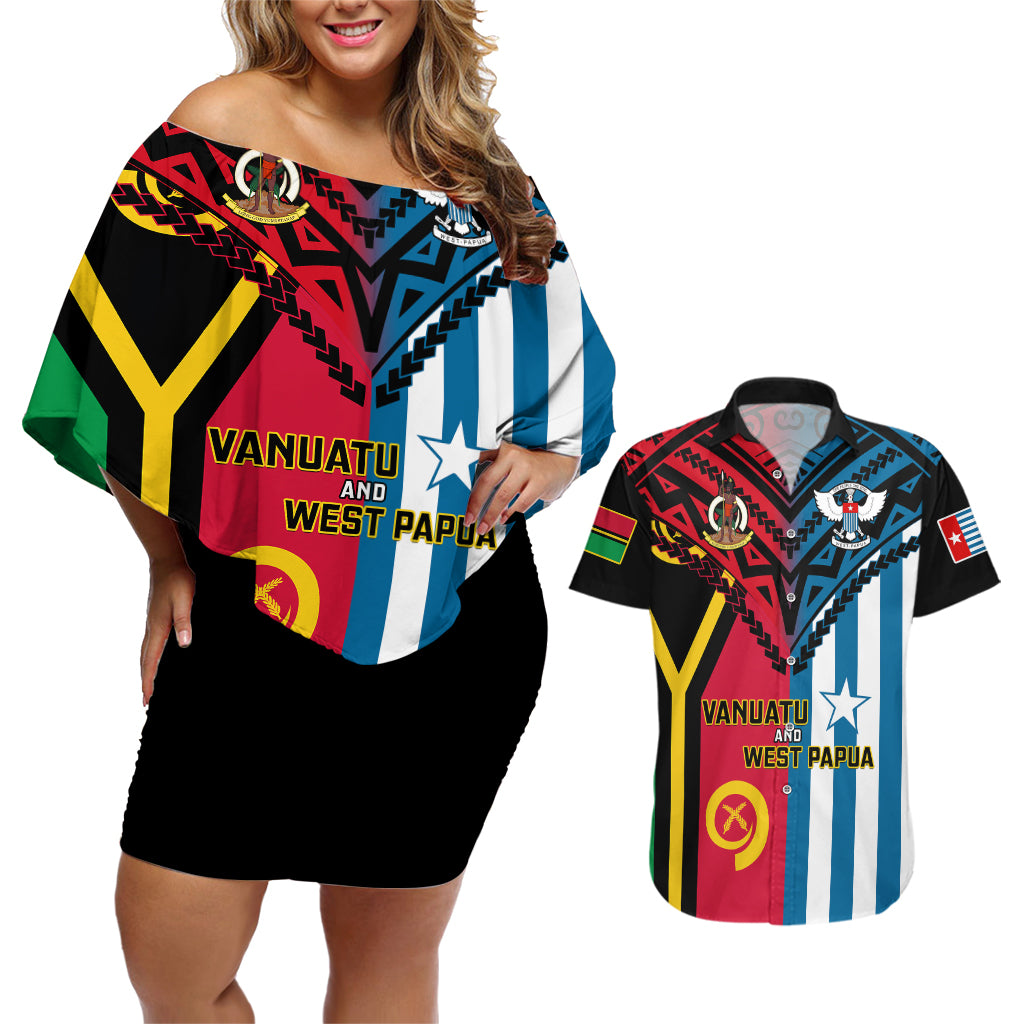 Vanuatu And West Papua Couples Matching Off Shoulder Short Dress and Hawaiian Shirt Coat Of Arms Mix Flag Style - Wonder Print Shop