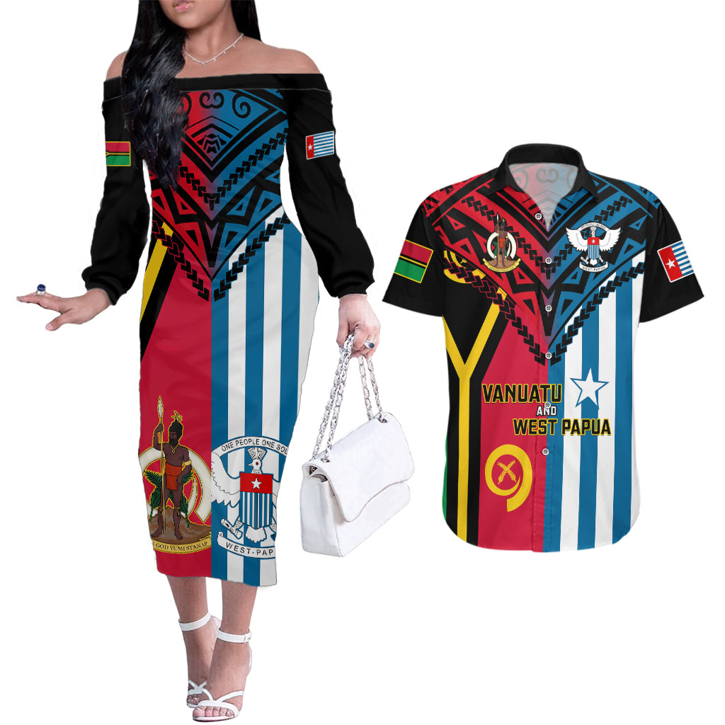 Vanuatu And West Papua Couples Matching Off The Shoulder Long Sleeve Dress and Hawaiian Shirt Coat Of Arms Mix Flag Style - Wonder Print Shop