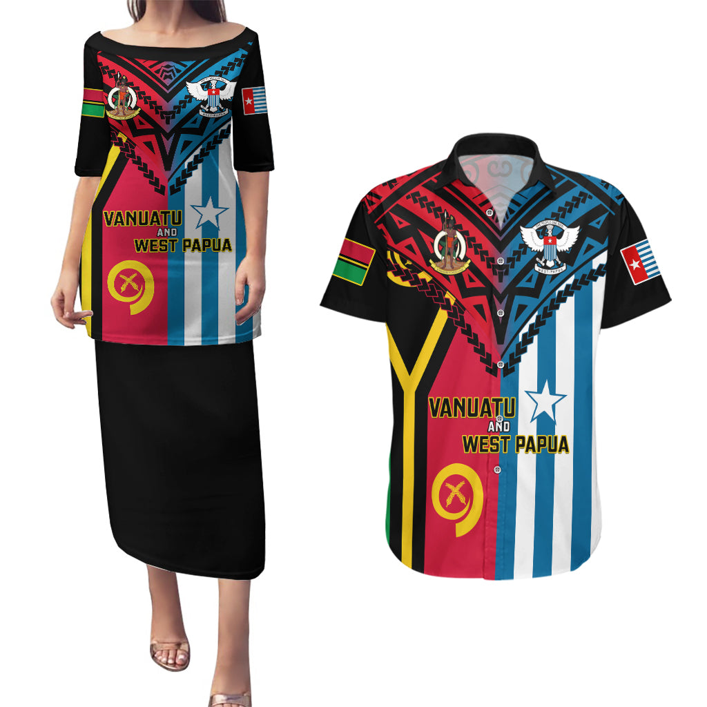 Vanuatu And West Papua Couples Matching Puletasi Dress and Hawaiian Shirt Coat Of Arms Mix Flag Style - Wonder Print Shop