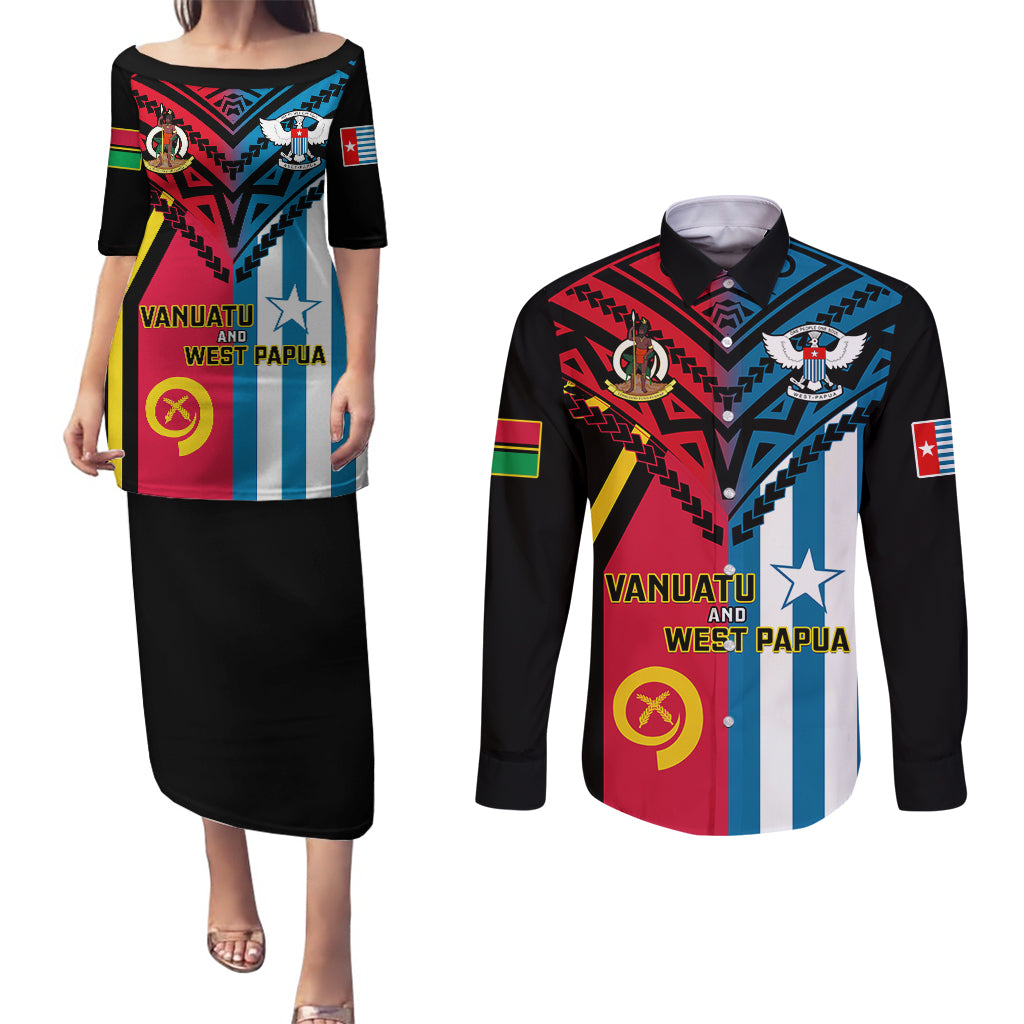 Vanuatu And West Papua Couples Matching Puletasi Dress and Long Sleeve Button Shirts Coat Of Arms Mix Flag Style - Wonder Print Shop