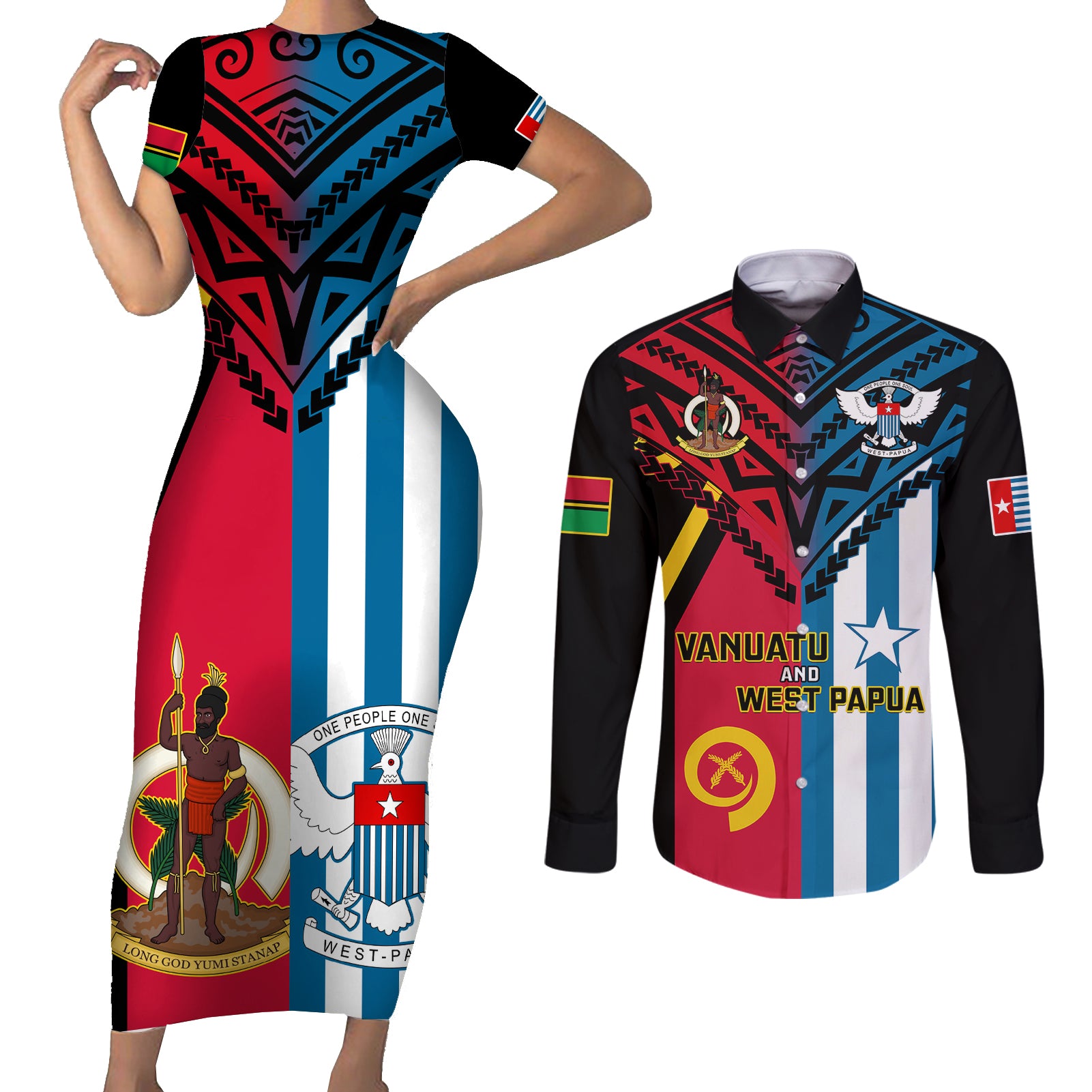 Vanuatu And West Papua Couples Matching Short Sleeve Bodycon Dress and Long Sleeve Button Shirts Coat Of Arms Mix Flag Style - Wonder Print Shop