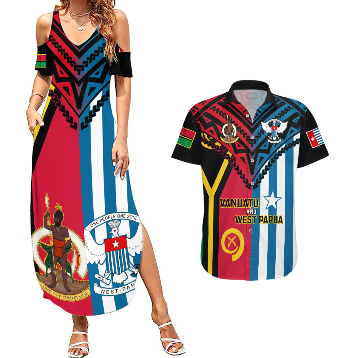 Vanuatu And West Papua Couples Matching Summer Maxi Dress and Hawaiian Shirt Coat Of Arms Mix Flag Style - Wonder Print Shop