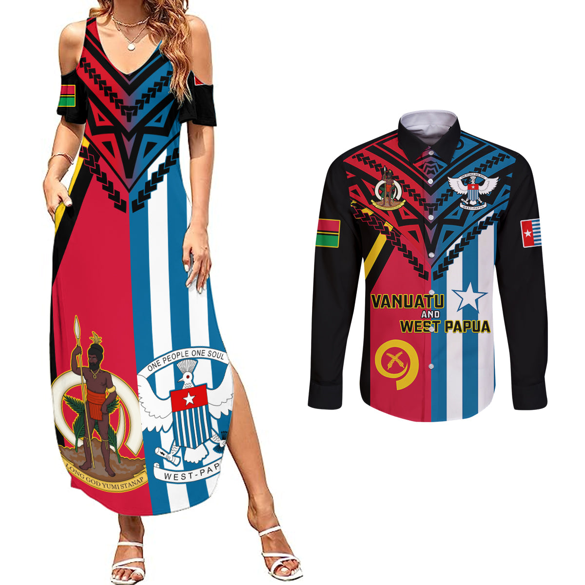 Vanuatu And West Papua Couples Matching Summer Maxi Dress and Long Sleeve Button Shirts Coat Of Arms Mix Flag Style - Wonder Print Shop