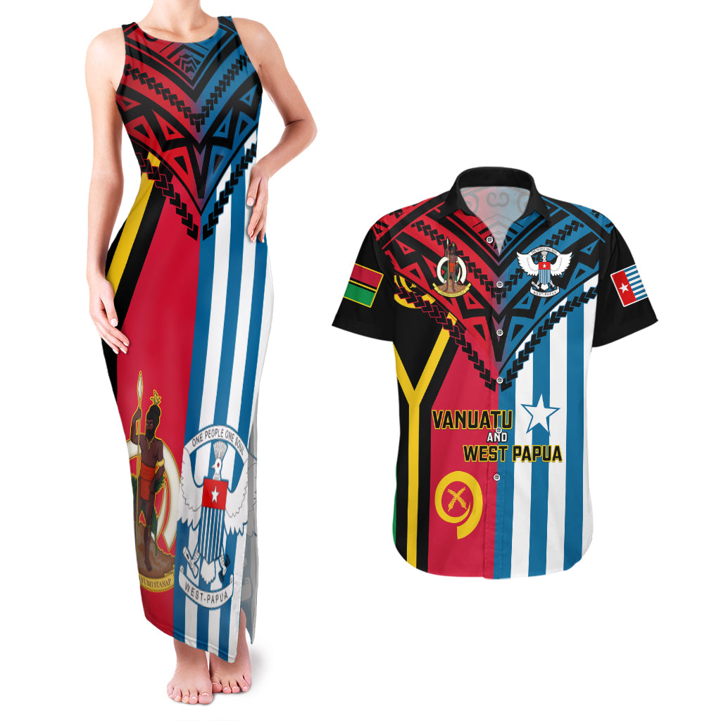 Vanuatu And West Papua Couples Matching Tank Maxi Dress And Hawaiian Shirt Coat Of Arms Mix Flag Style - Wonder Print Shop