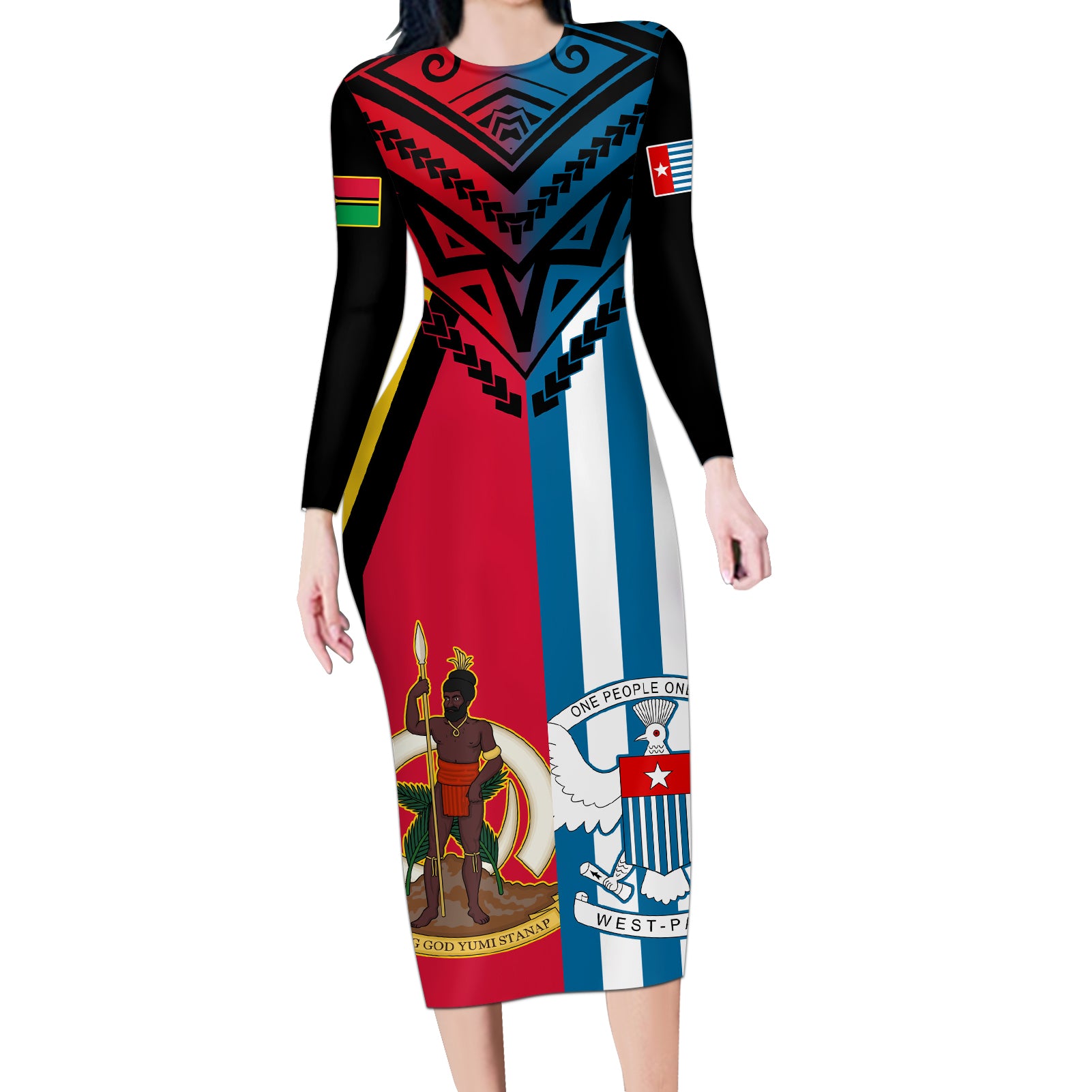 Vanuatu And West Papua Long Sleeve Bodycon Dress Coat Of Arms Mix Flag Style - Wonder Print Shop