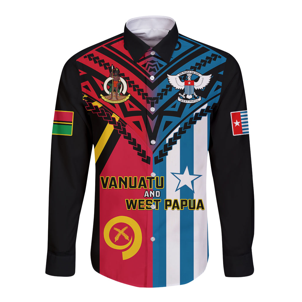 Vanuatu And West Papua Long Sleeve Button Shirt Coat Of Arms Mix Flag Style - Wonder Print Shop