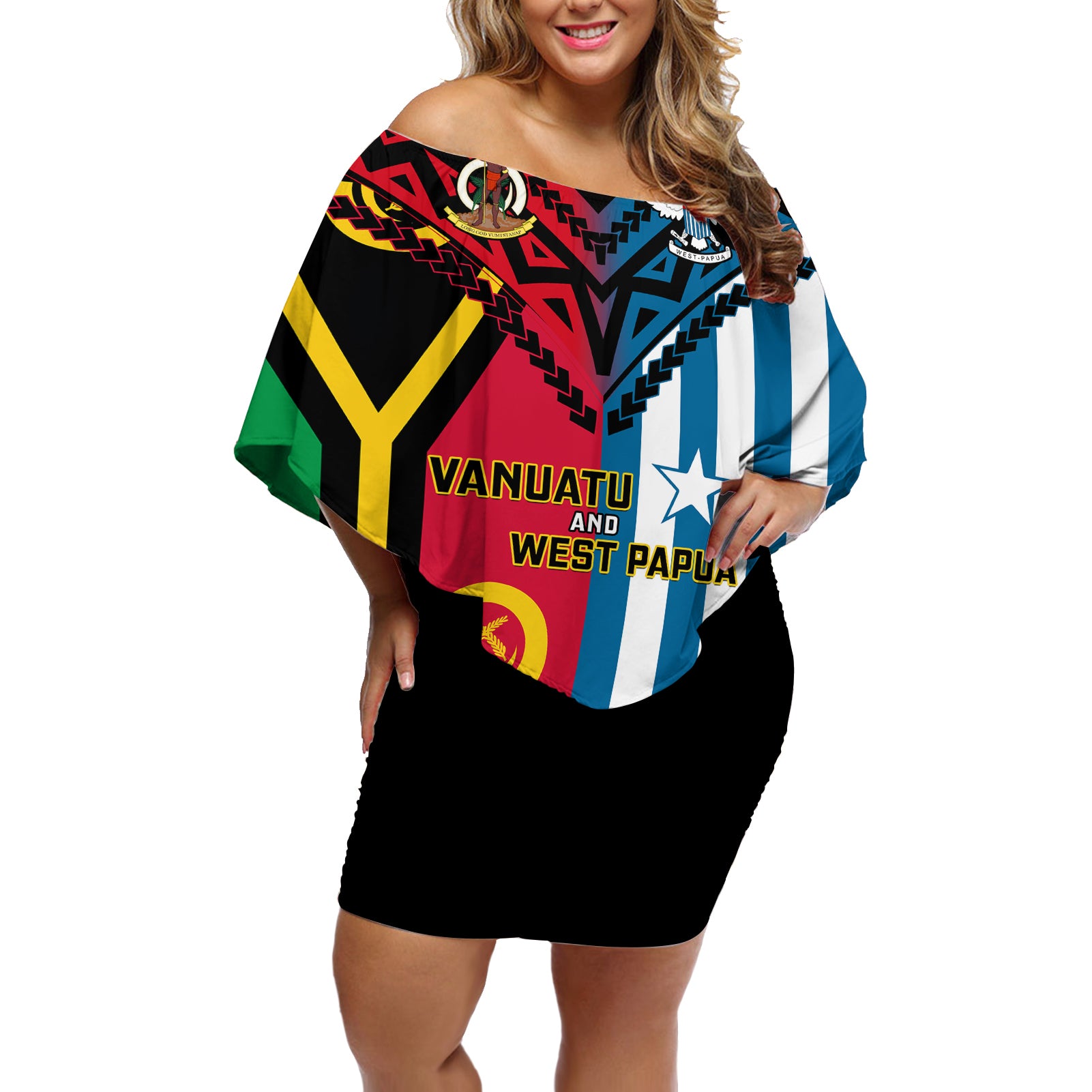 Vanuatu And West Papua Off Shoulder Short Dress Coat Of Arms Mix Flag Style - Wonder Print Shop