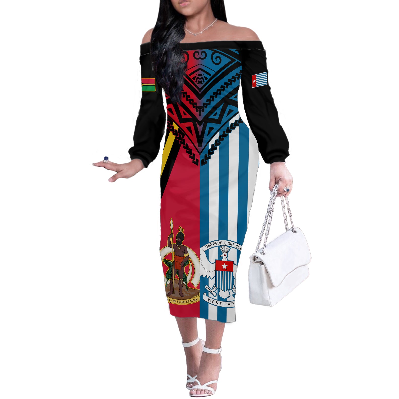 Vanuatu And West Papua Off The Shoulder Long Sleeve Dress Coat Of Arms Mix Flag Style - Wonder Print Shop