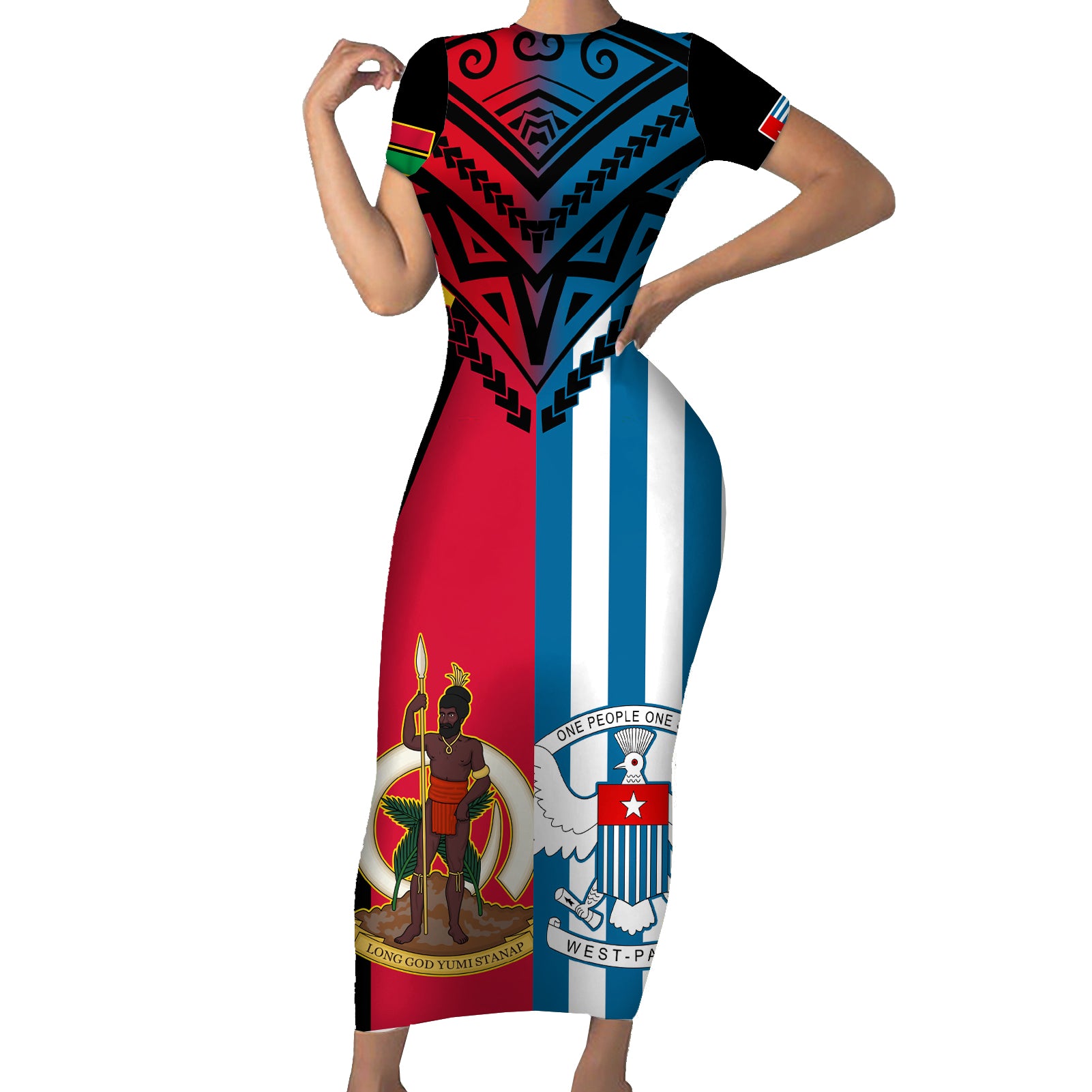 Vanuatu And West Papua Short Sleeve Bodycon Dress Coat Of Arms Mix Flag Style - Wonder Print Shop