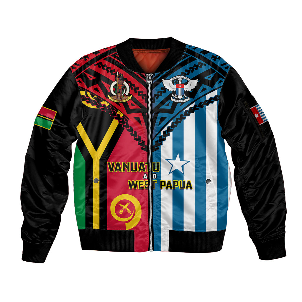 Vanuatu And West Papua Sleeve Zip Bomber Jacket Coat Of Arms Mix Flag Style - Wonder Print Shop