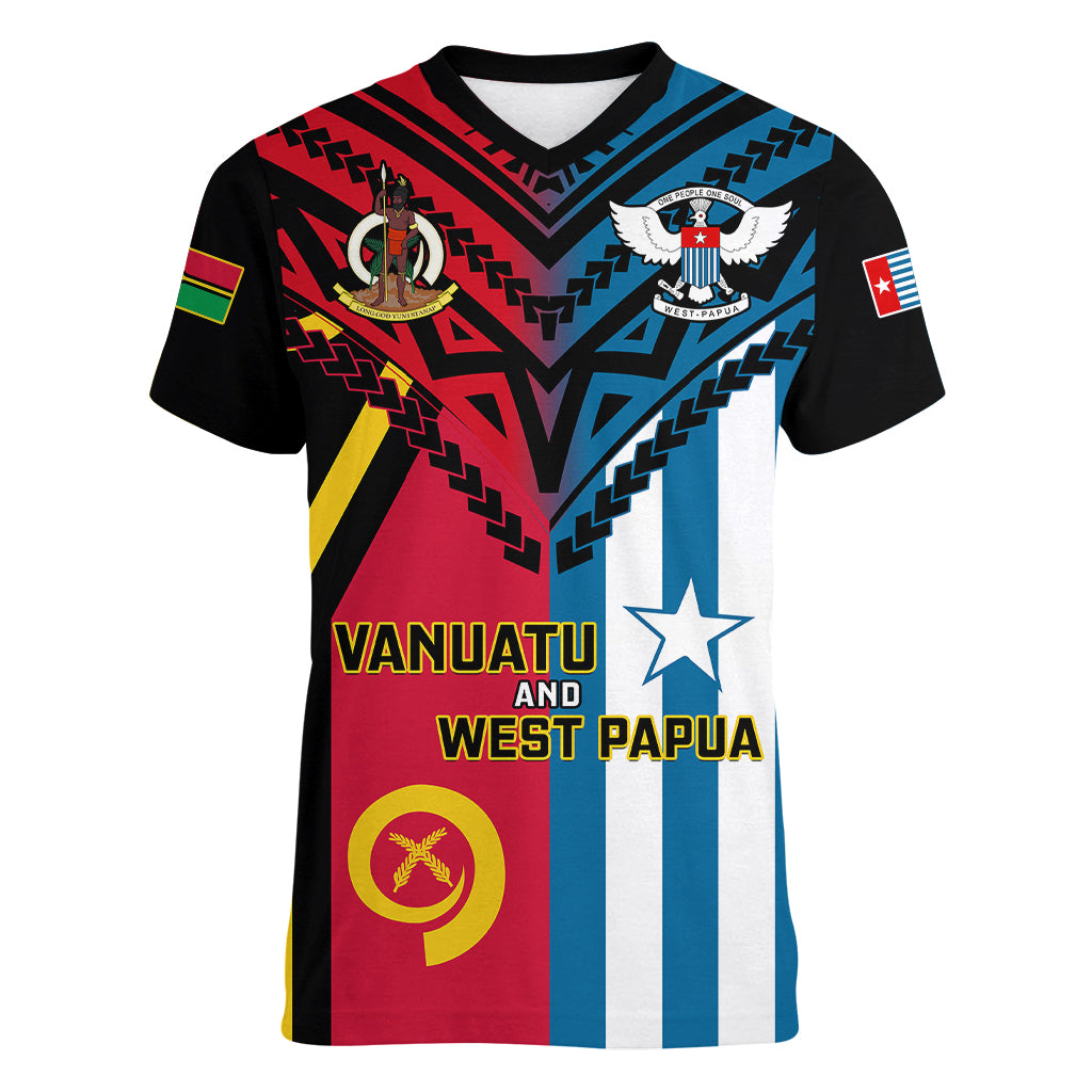 Vanuatu And West Papua Women V Neck T Shirt Coat Of Arms Mix Flag Style - Wonder Print Shop