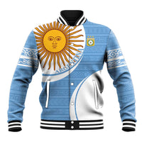 Light blue baseball jacket with varsity-style snap front, striped ribbing, and sun crest