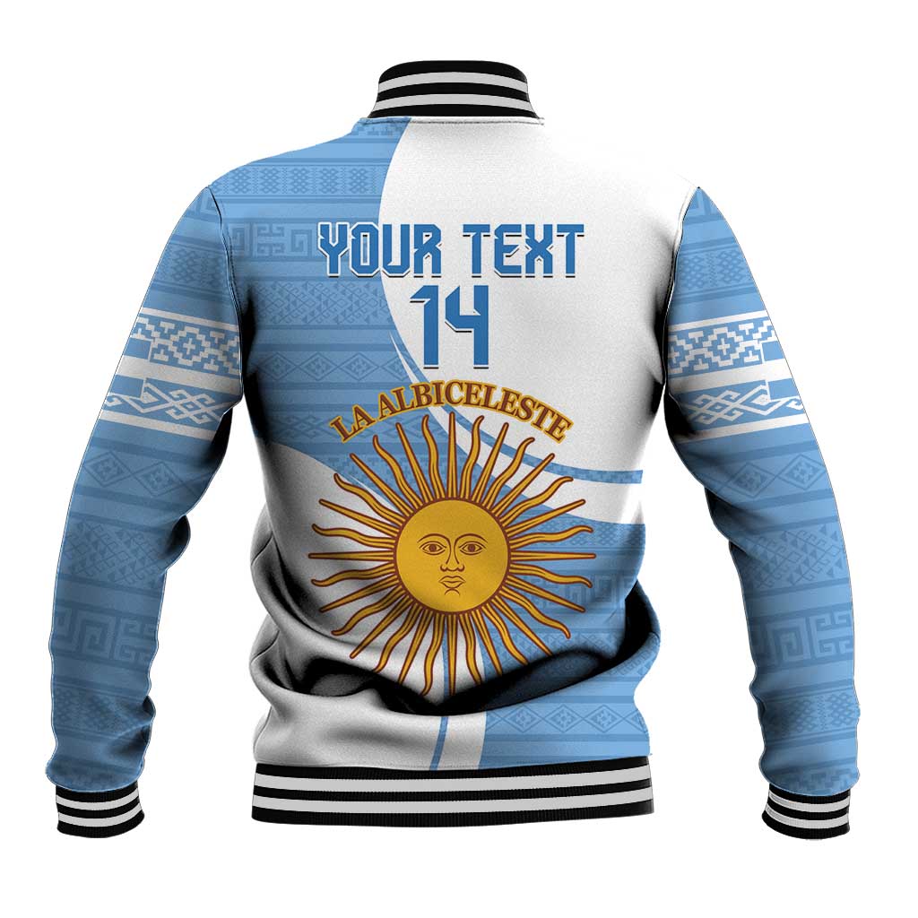 Sky blue baseball jacket with black-and-white striped ribbed collar and back sun graphic