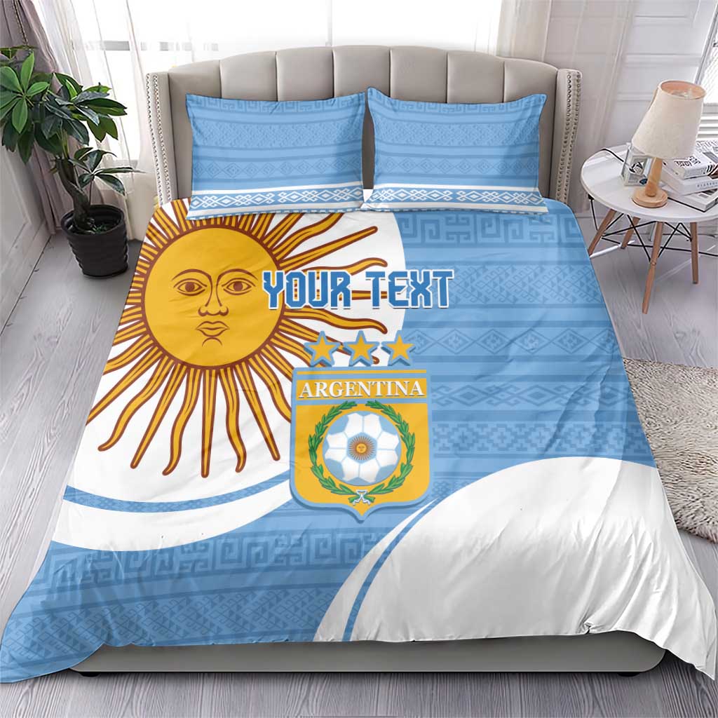 Sky blue bedding set with Argentina crest, stars, and sun motif on duvet and pillows
