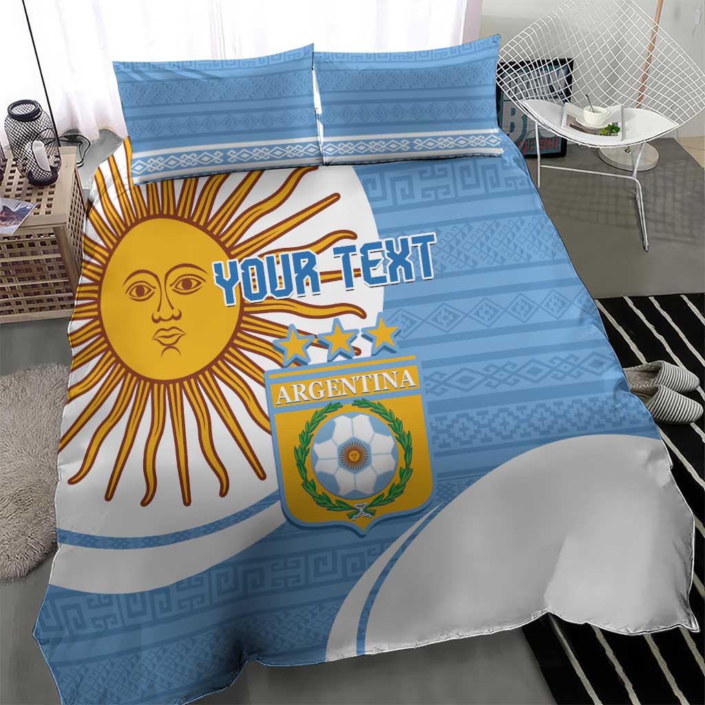 Sky blue duvet cover and pillow set featuring Argentina crest, sun face, and stars