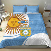 Sky blue Argentina football bedding set with sun graphic, crest badge, and white accents