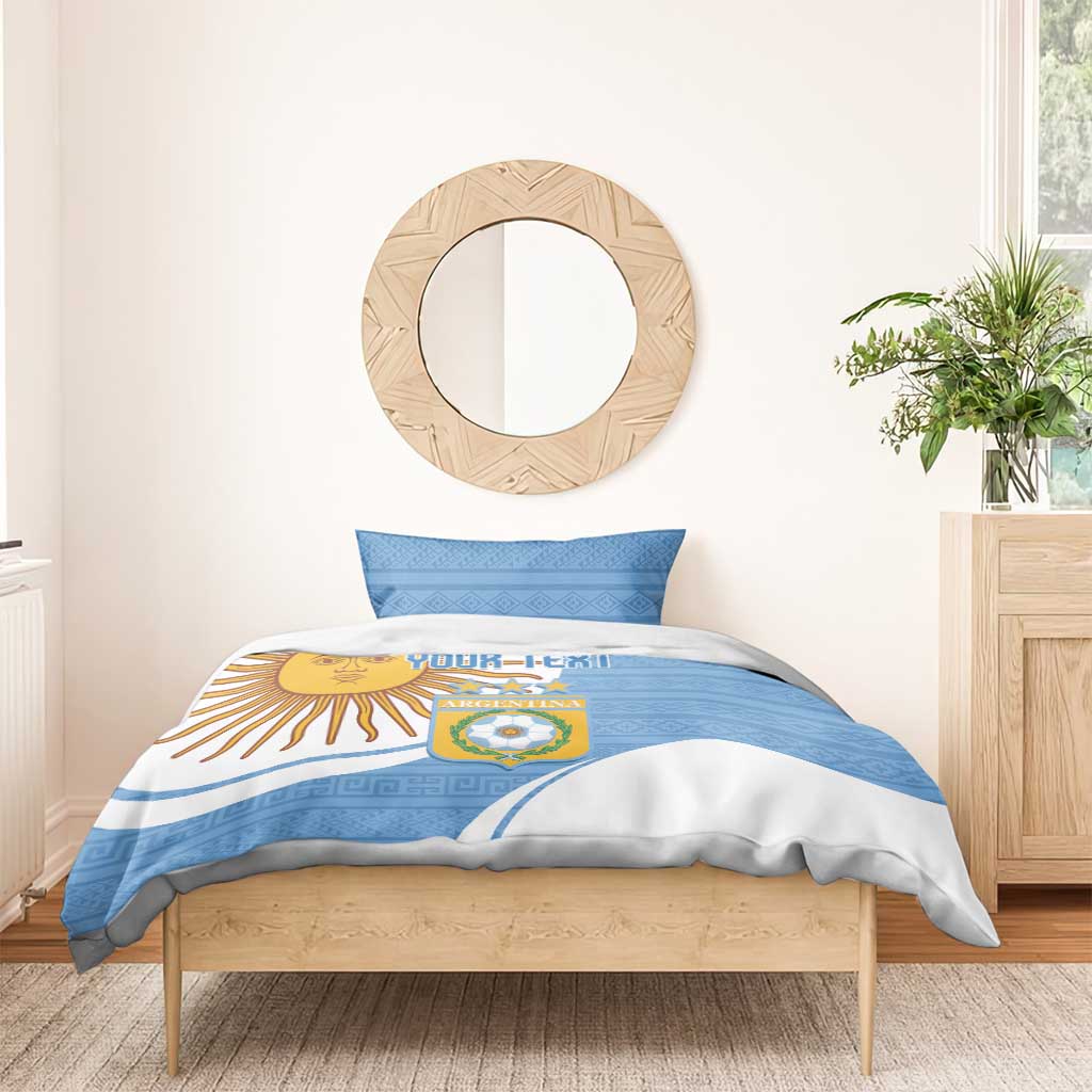 Sky blue duvet cover and pillow set with Argentina crest badge and sun design
