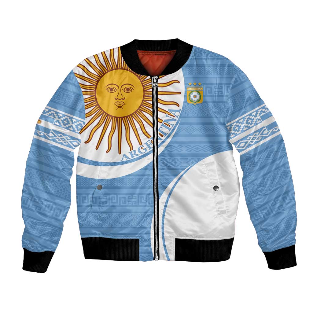 Unisex football bomber jacket in sky blue and white with black rib trim and front zip
