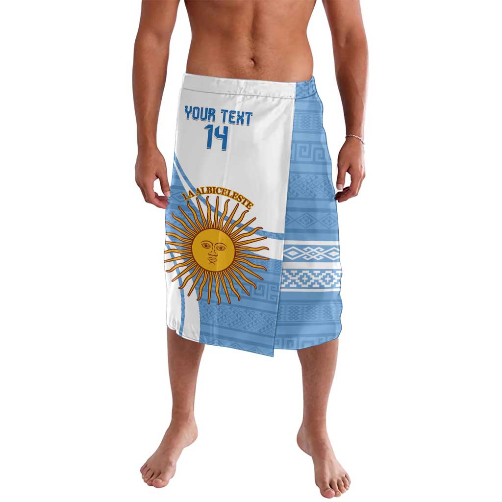 Sky blue and white football lavalava wrap skirt with sun emblem and geometric stripes