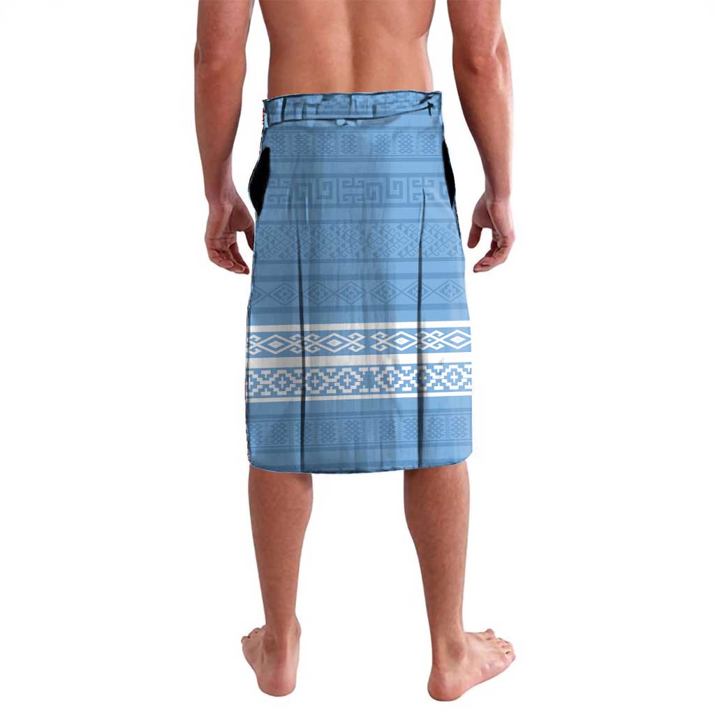 Blue and white football lavalava wrap skirt with geometric panel and stripe hem