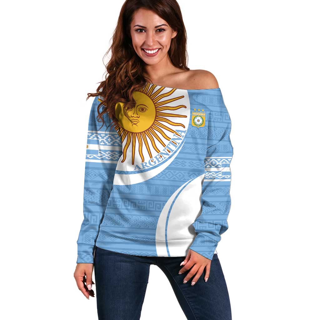 Custom Argentina Football Off Shoulder Sweater Vamos La Albiceleste - Sky Blue Version - Wonder Print Shop