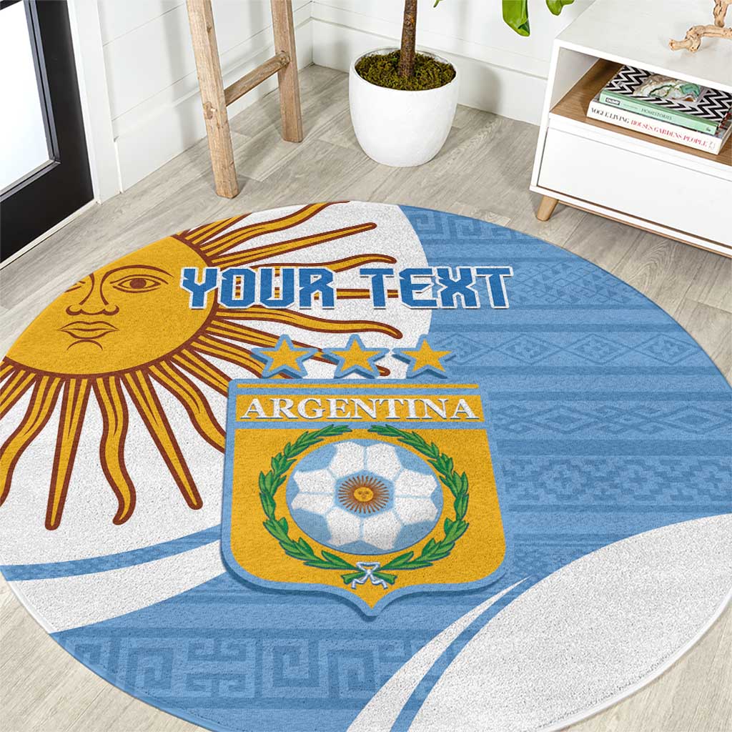 Sky blue round Argentina football rug with crest and sun rays, custom text banner