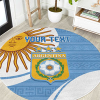 Sky blue round Argentina football rug with crest and sun rays, custom text banner