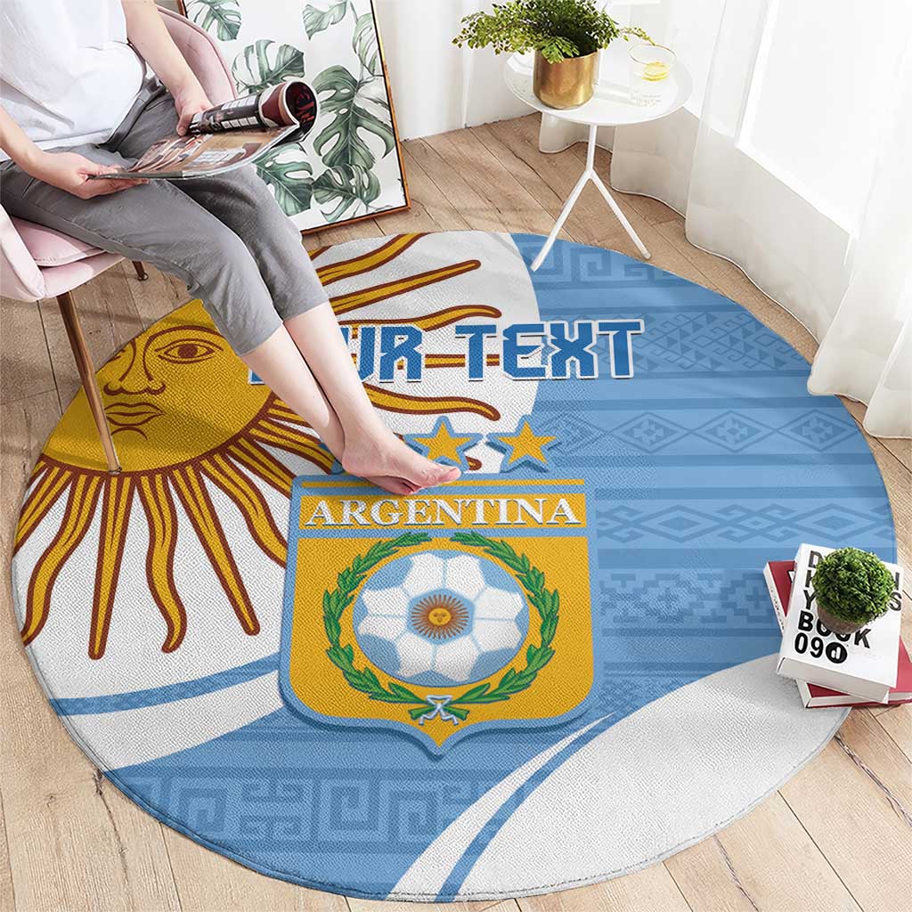 Sky blue round Argentina football rug with crest, sun rays, and YOUR-TEXT lettering
