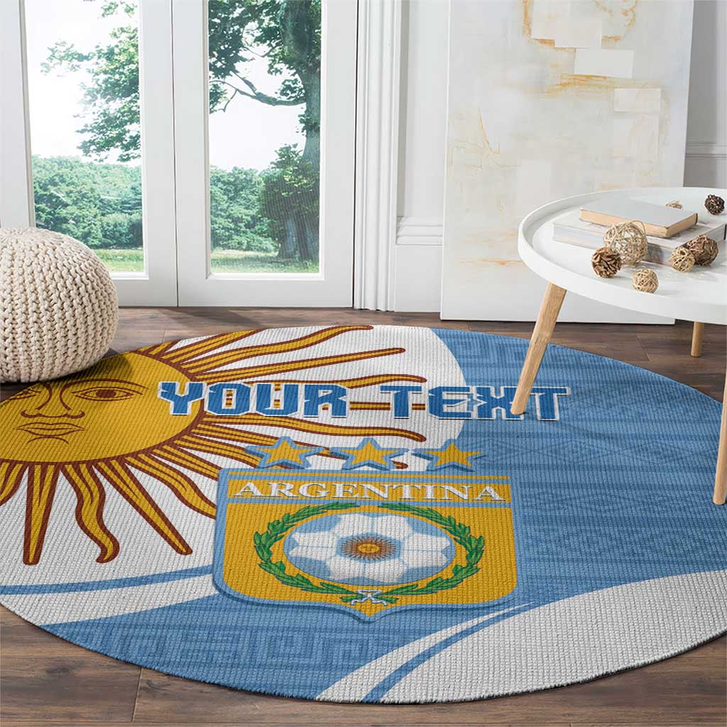Sky blue round Argentina football rug with crest, sun rays, and space for custom text